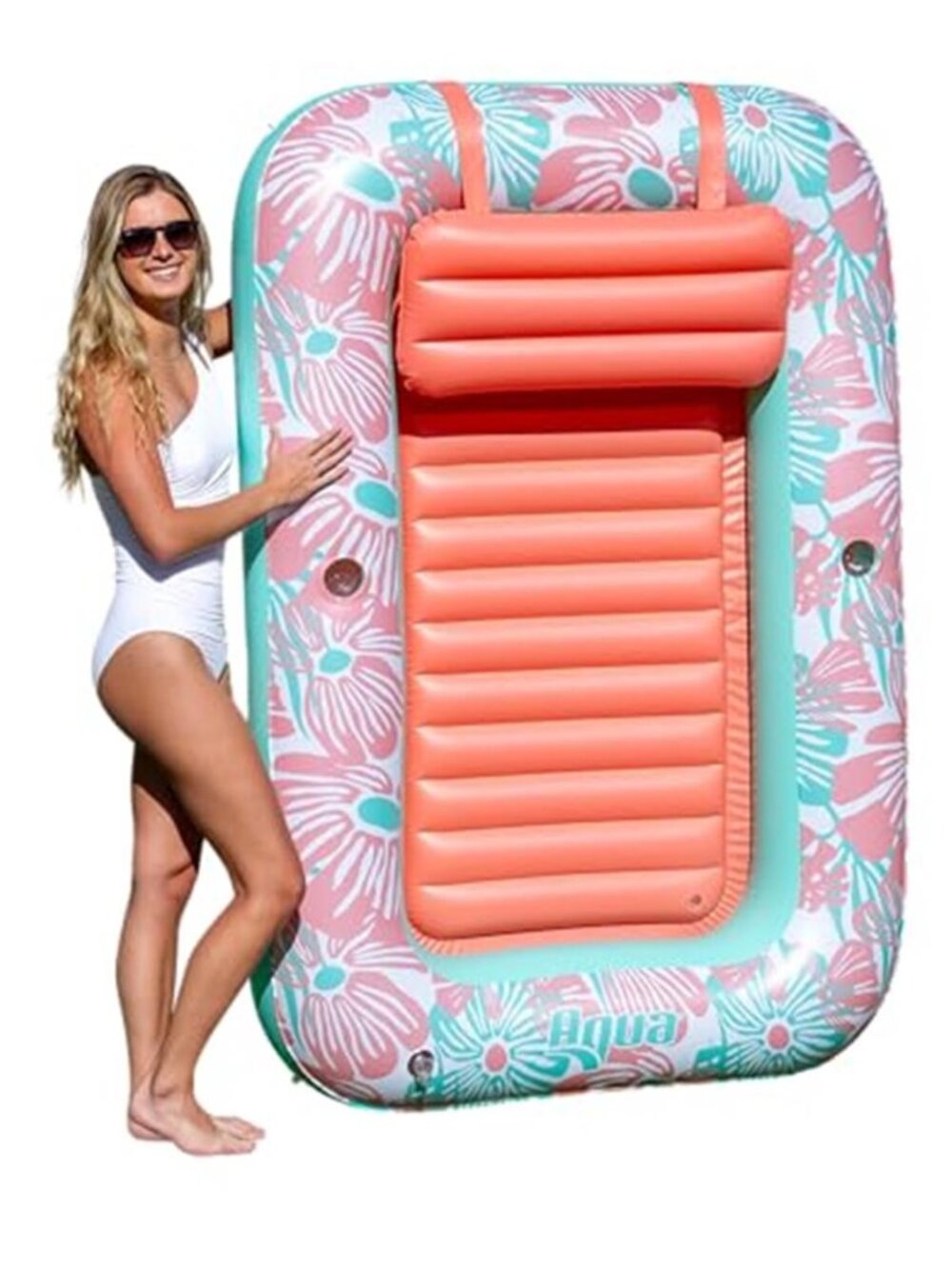 Inflatable Pool Float Lounger Tanning Raft Cupholders Pillow Coral Flower Adult